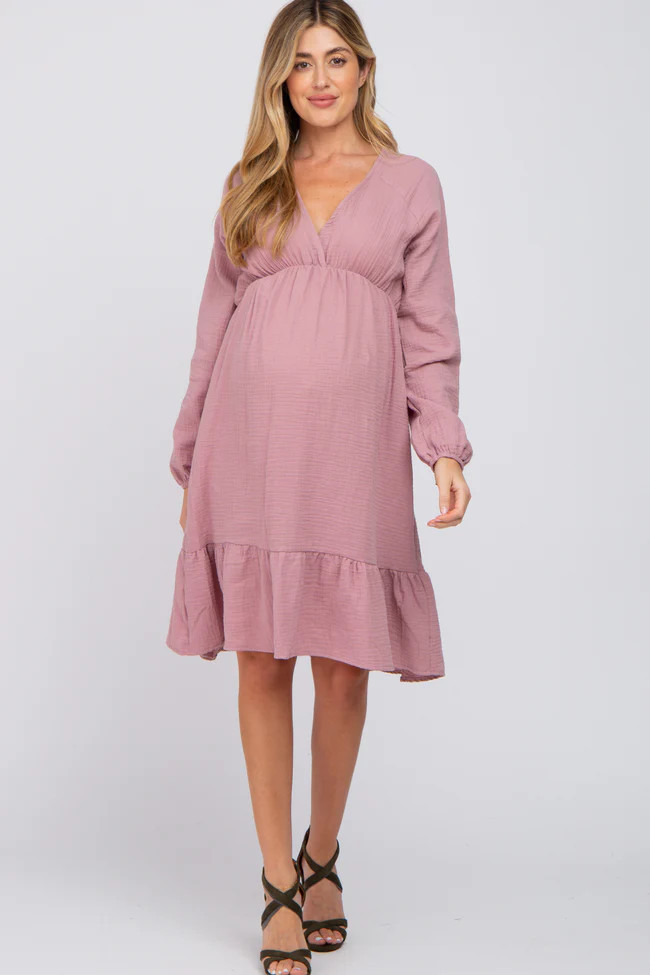 Mauve Long Sleeve Ruffle Hem Maternity Midi Dress | PinkBlush Maternity
