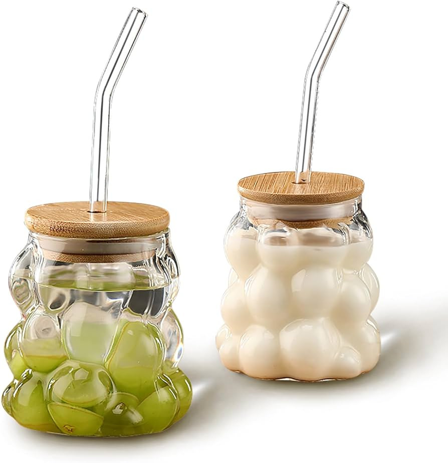 2 vasos creativos con forma de uva con tapas de bambú y popote de vidrio, vasos estéticos reuti... | Amazon (US)