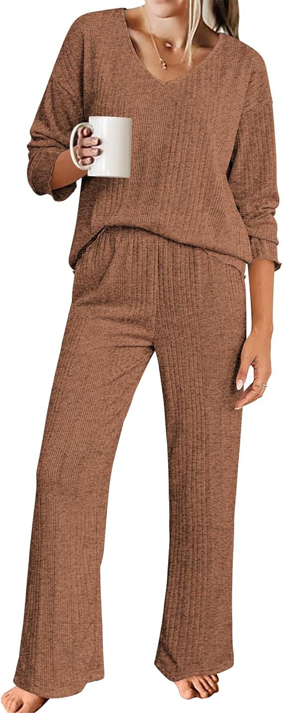 Ekouaer Womens Ribbed Knit Pajamas Set V Neck Long Sleeve Pj Set Matching Outfits Top and Pant Lo... | Amazon (US)