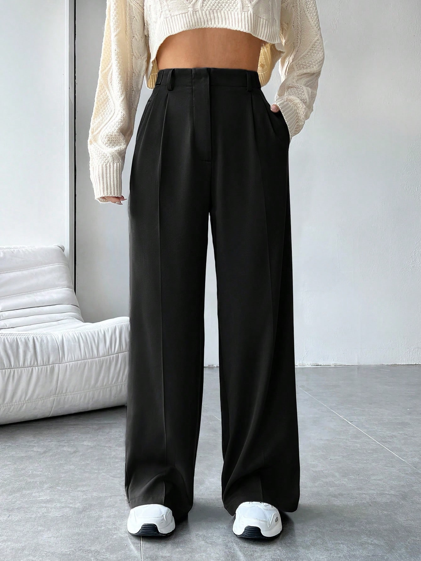 SHEIN EZwear Solid High Waist Wide Leg Black Suit Pants | SHEIN