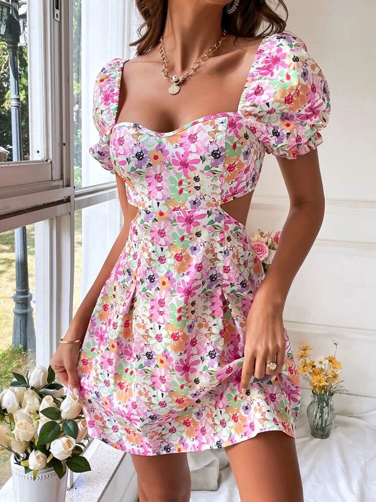 SHEIN VCAY Floral Print Cut Out Waist Puff Sleeve Dress | SHEIN