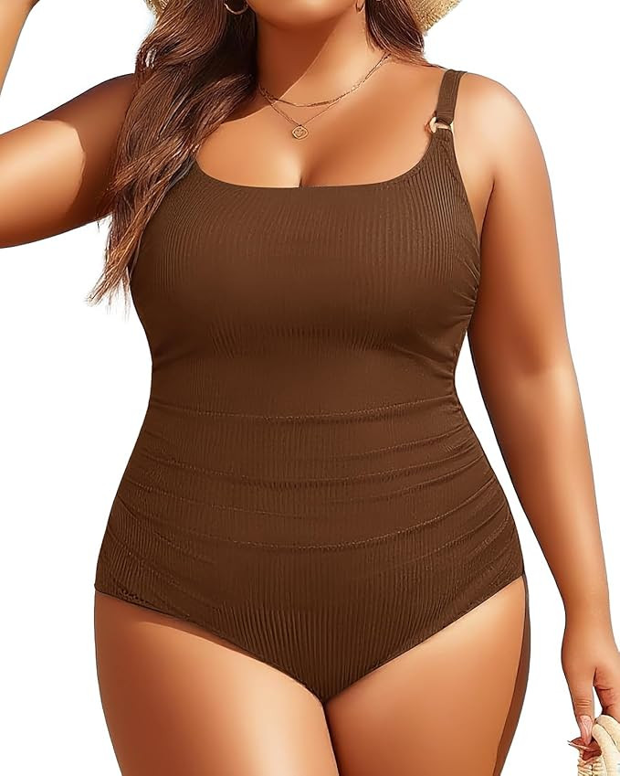 Women's Plus Size One Piece Swimsuit- Tummy Control Bathing Suit Ribbed Square Neck Swimwear 2025 | Amazon (US)