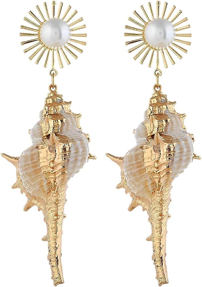 Shell Conch Earrings, Ocean Conch Seashell Dangle Earrings for Women, Bohemian Pearl Seashell Lon... | Amazon (US)