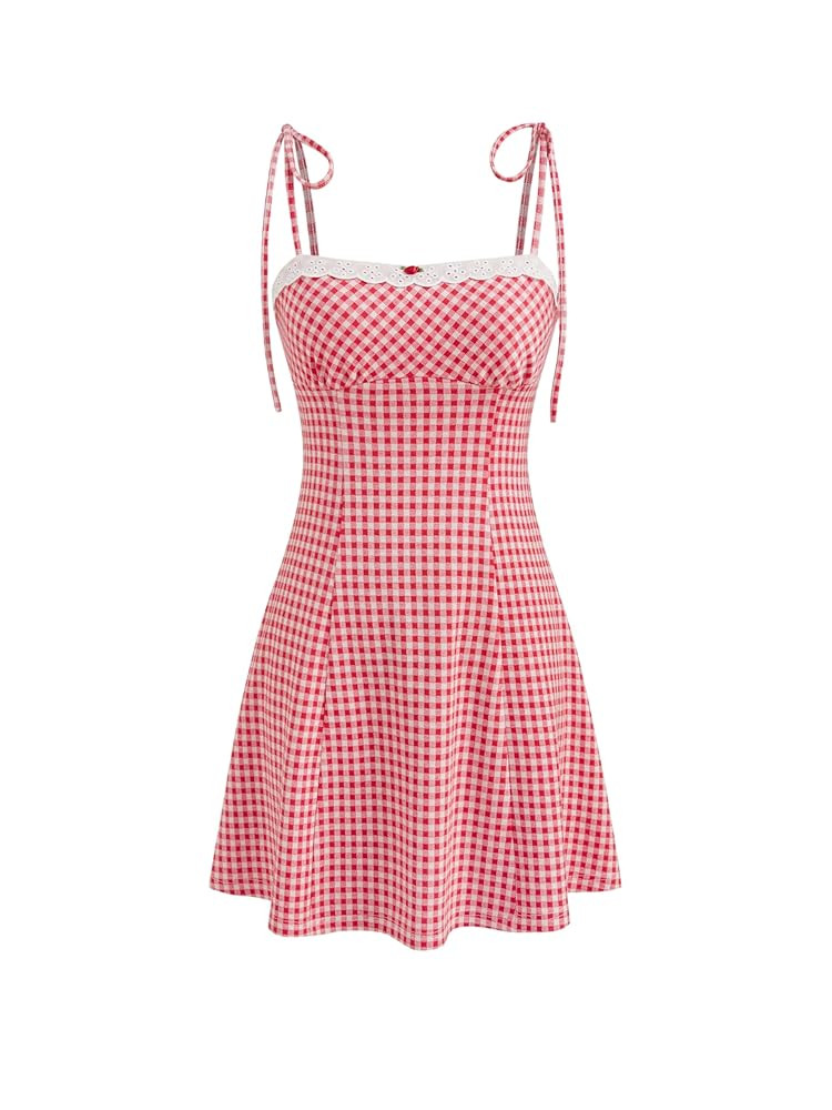 CIDER Womens Summer Gingham Dress Plaid Tie Spaghetti Strap Sleeveless Lace Trim Cute A Line Casu... | Amazon (US)