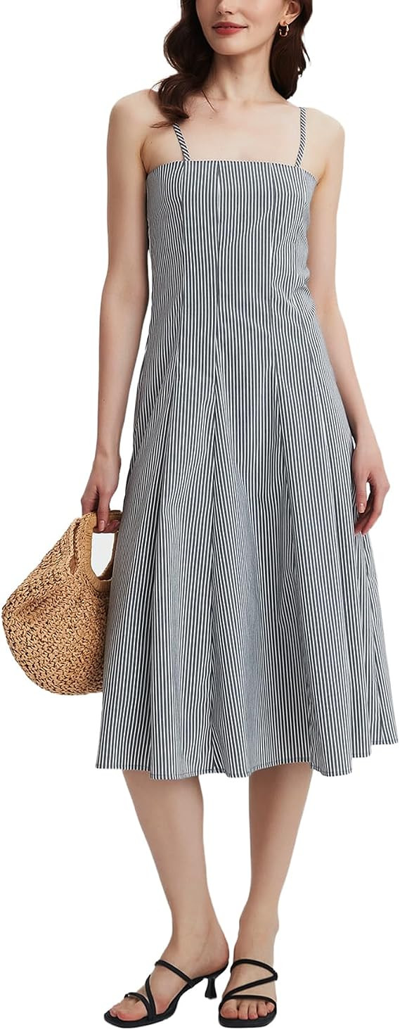 Womens Summer Sleeveless Striped Midi Dresses Spaghetti Strap Slim Flowy Swing Long Dress | Amazon (US)