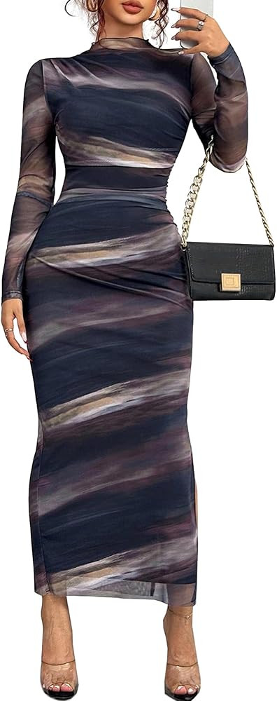 MOEENCN Women Sheer Mesh Bodycon Maxi Dress Long Sleeve Birthday Outfits Ruched Tie Dye Cocktail ... | Amazon (US)