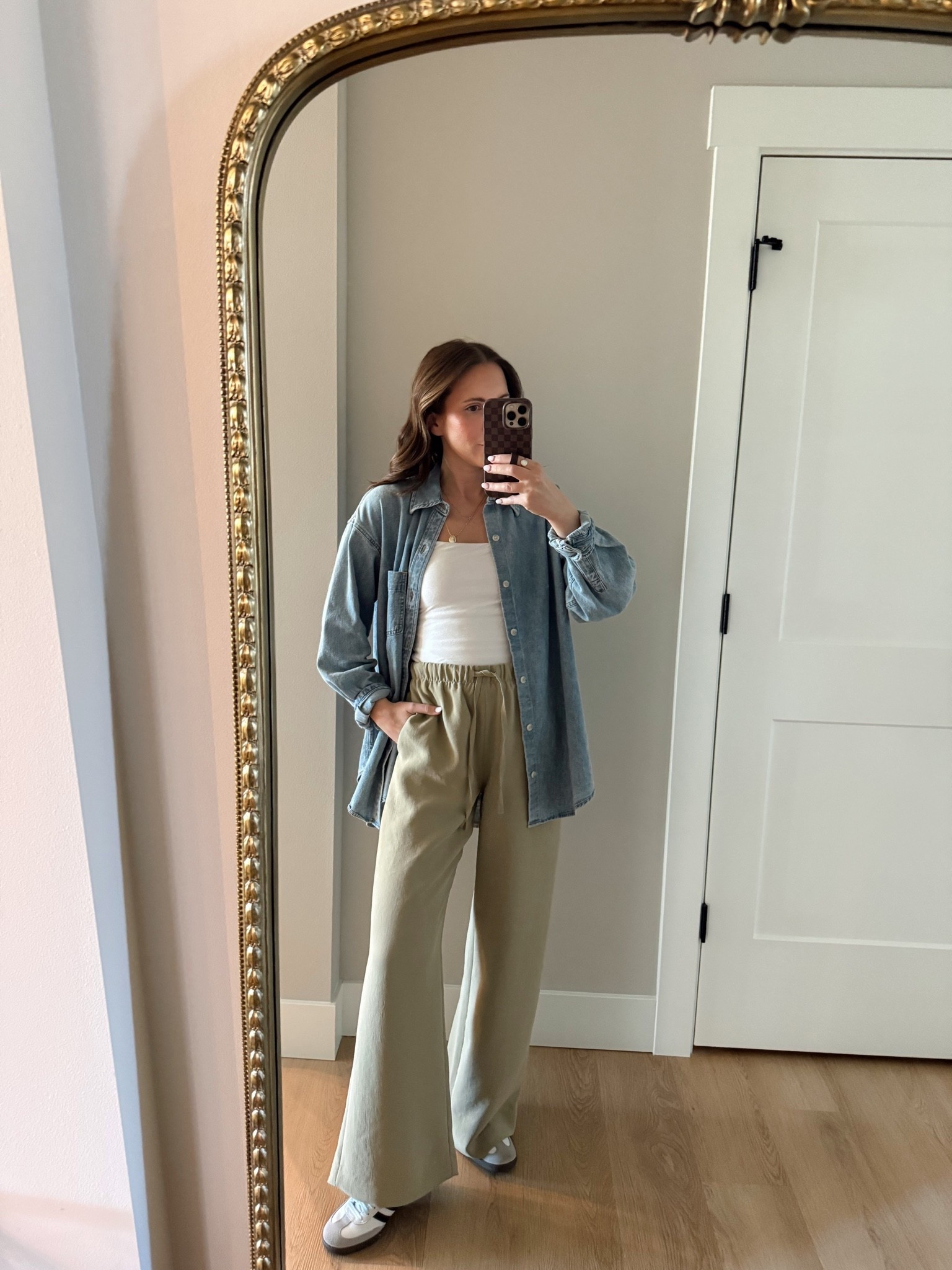 What I wore for jury duty💁🏼‍♀️ of course my fail proof uniform. The @Aritzia lodge pants are worth every penny! Paired with my favorite denim button down and a bra free tank!

Aritzia finds, lodge pant outfit, toddler mom, Judy duty outfit, everyday style

#LTKootd