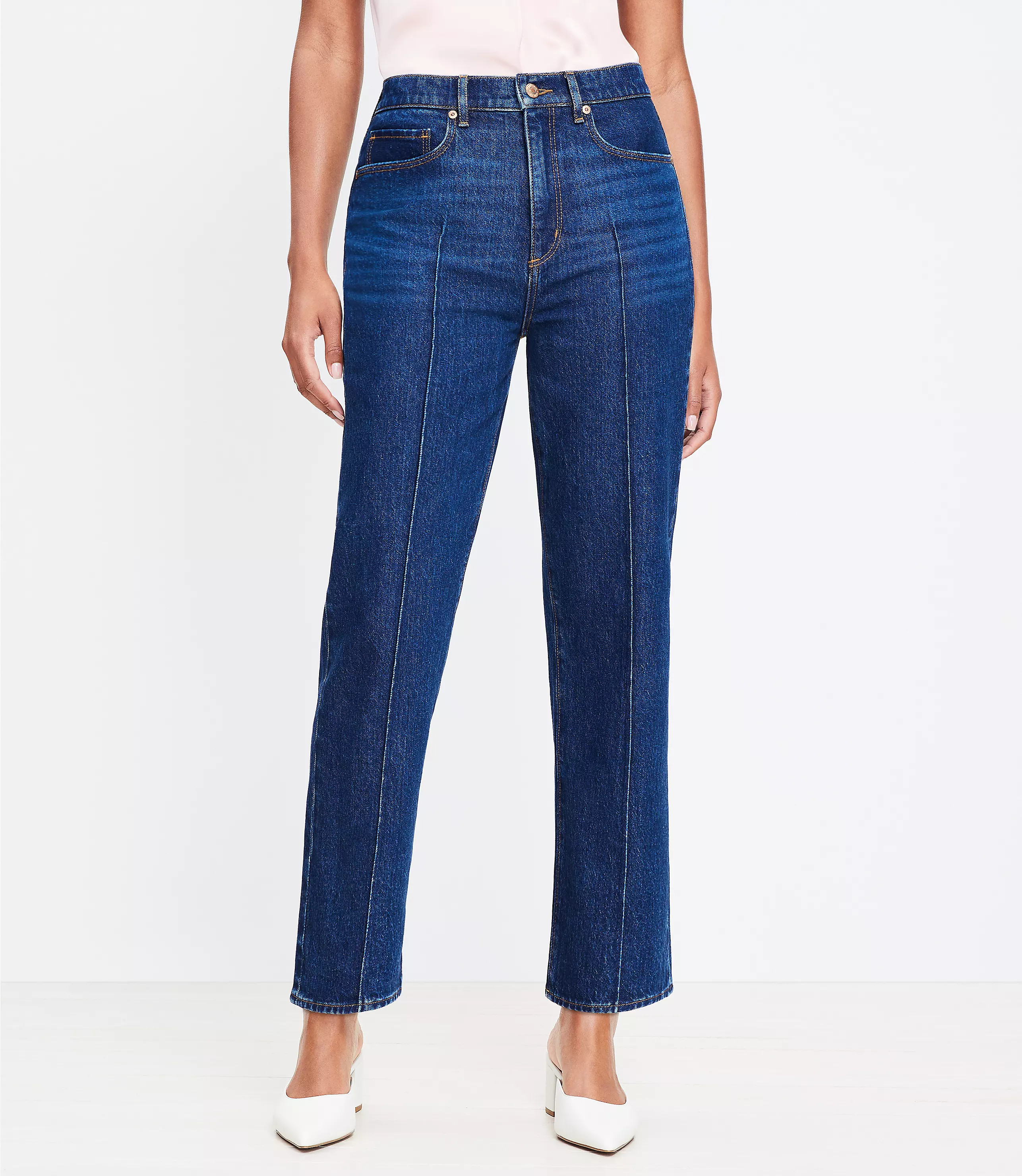 Curvy Pintucked High Rise Straight Jeans in Refined Dark Indigo Wash | LOFT