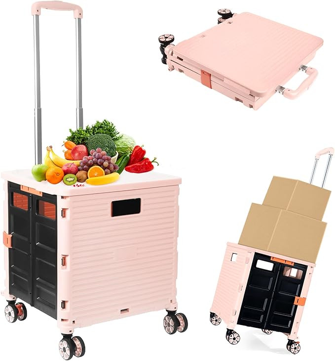 Foldable Utility Cart Folding Portable Rolling Crate Handcart Shopping Trolley Wheel Box with Lid... | Amazon (US)