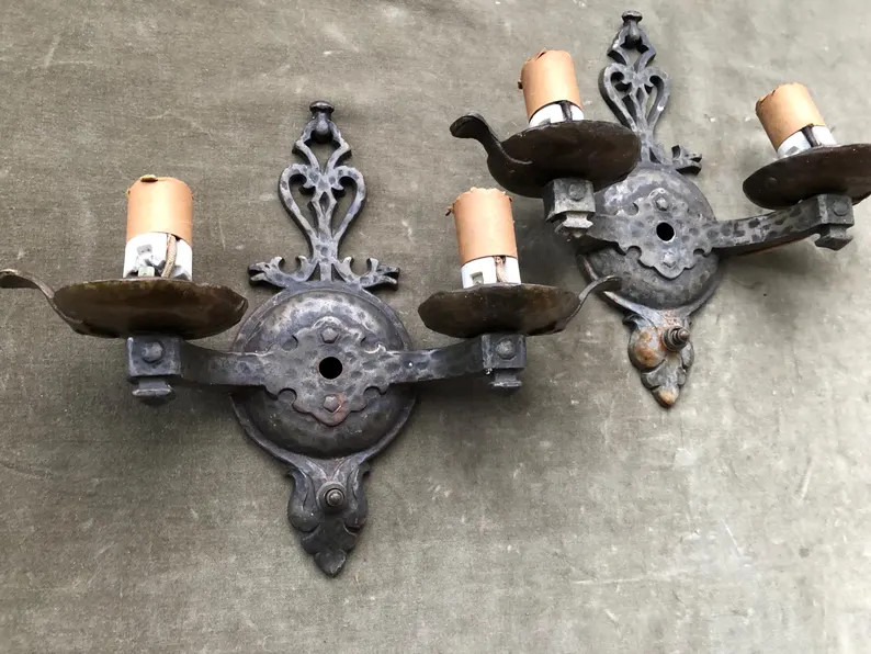 1920s Antique Dog Head Pair Set Spanish Revival Hammered Gothic Iron Double Arm Electric Wall Sco... | Etsy (US)