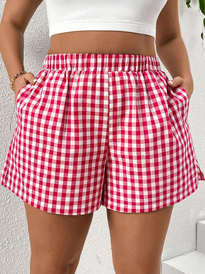 SHEIN Essnce Women's Plus Size Blue & White Plaid Casual & Fashionable Shorts With Side Slit | SHEIN