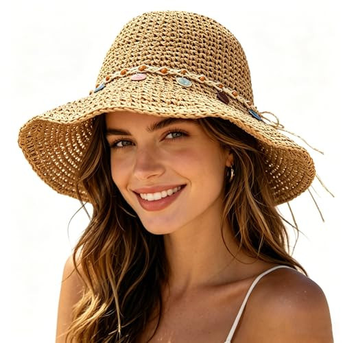 Beach Sun Hats for Women Summer Straw Hats Foldable Packable Crochet Bucket Hat UV Protection Wide Brim Hats for Travel (Crochet-Khaki) | Amazon (US)