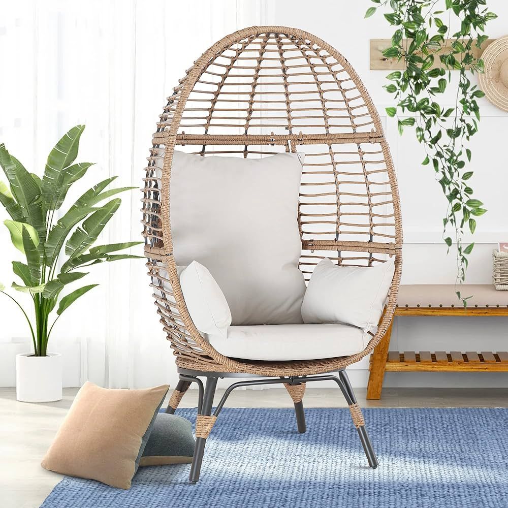 Ulax furniture Outdoor Teardrop Wicker Lounge Chair Patio Rattan Egg Cuddle Chair with Cushions | Amazon (US)