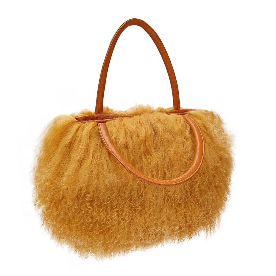 Women Luxury Real Lamb Mongolian Flush Wool Fur With Genuine Leather Handles Handbag | Amazon (US)