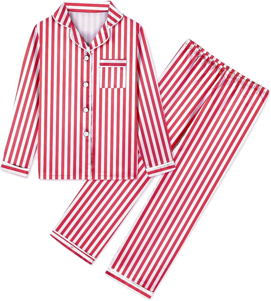 Umeyda Girls & Womens Satin Pajamas Set, 2 Pieces Silky Pjs Long Sleeve + Pants Sleepwear for Mom... | Amazon (US)