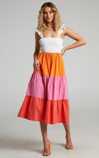 Eugenna Cotton Tiered Colour Block Midi Dress in Multi | Showpo (US, UK & Europe)