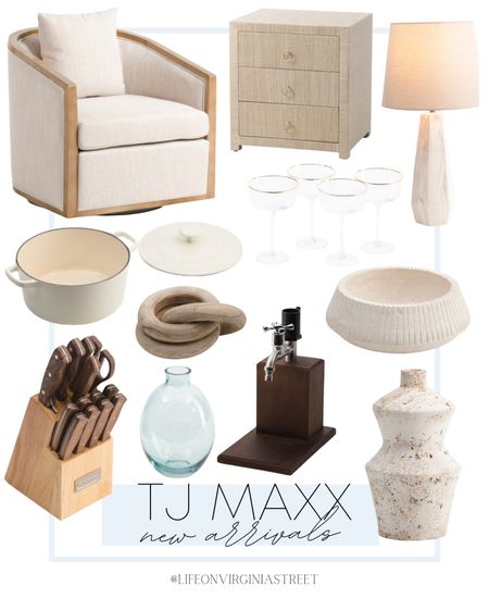 T] Maxx's new arrivals are absolutely perfect! I love finding home decor that gives a designer look without spending an arm and a leg! TJ Maxx always delivers the best pieces that are the most budget friendly!

Accent chair, side table, coastal lamp, white Dutch oven, wood knot decor, knife set, vases, decorative bowl, liquor dispenser, coup glasses

#LTKstyletip #LTKsalealert #LTKhome