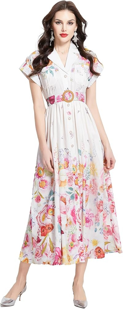 LAI MENG FIVE CATS Women's Summer Lapel V-Neck Floral Print Short Sleeve Button Maxi Dress | Amazon (US)