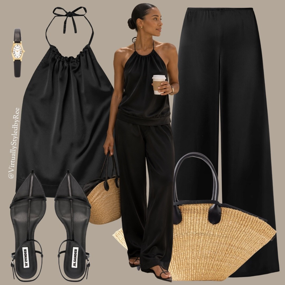 Effortless summer black 🖤 This silky halter top + wide leg trouser set is giving vacation ready elegance, dressed it up with a woven tote, strappy sandals, and a gold watch for that perfect luxury feel. Perfect for warm evenings, city strolls, or wherever your next adventure takes you. Shop the look below! ✨👜

#LTKsummer #LTKuk #LTKeurope