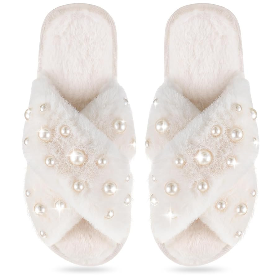 Jiuguva Bride Slippers for Wedding Pearl Bride Slippers for Women Valentine Fuzzy Bridesmaid for ... | Amazon (US)