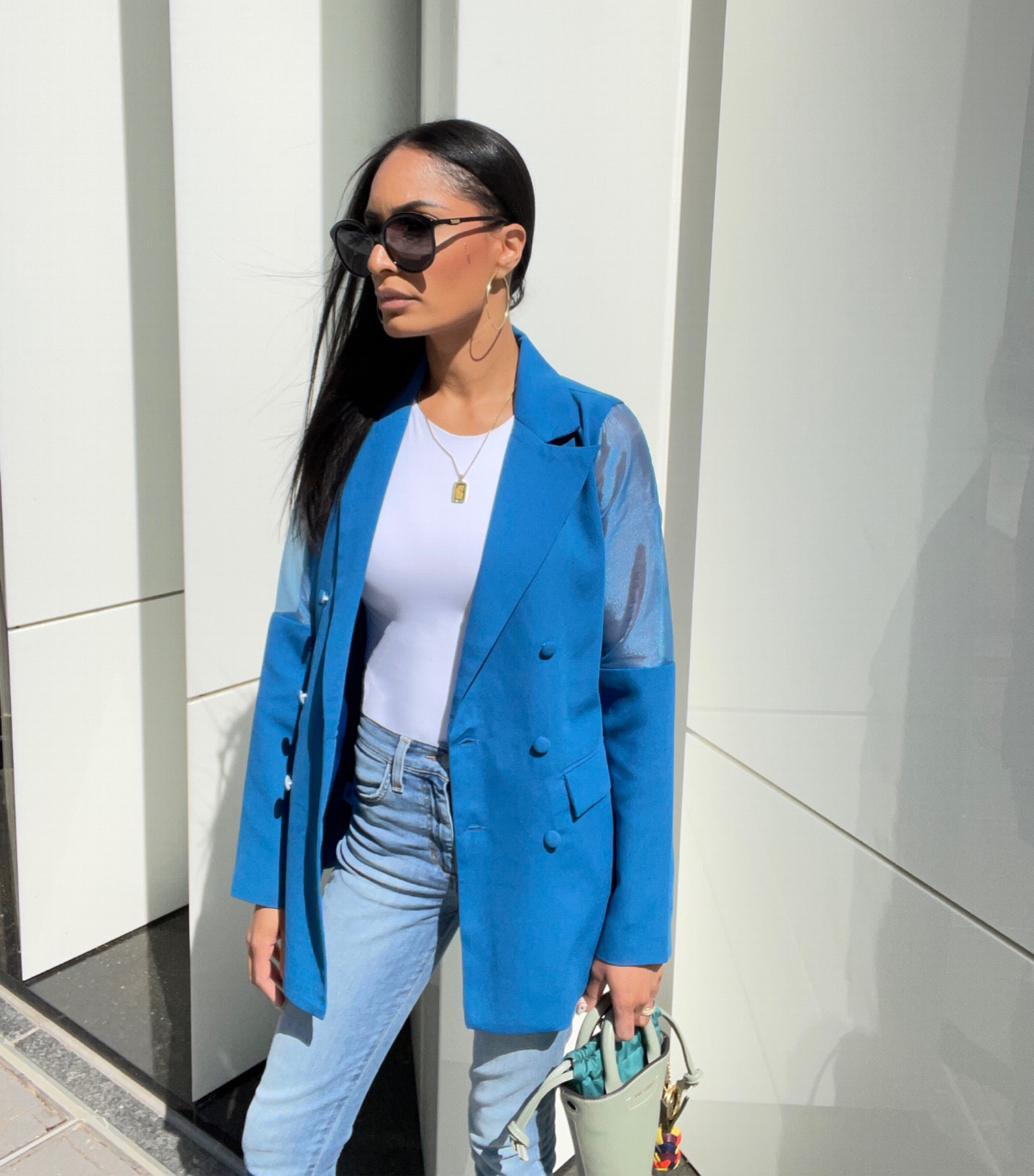 Blue sapphire blazer
Sheer
Skinny jeans
Bucket purse
Bodysuit
Spring fashion
Spring break
Vacation
Easter 

#LTKSeasonal #LTKstyletip