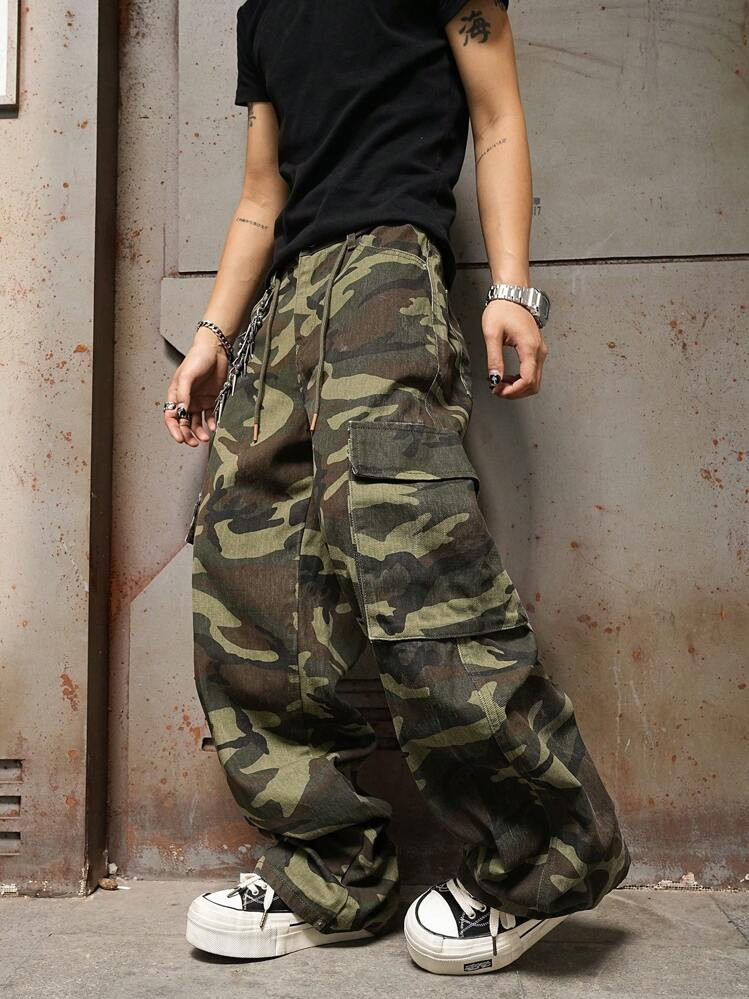 Manfinity EMRG Men's Casual Camo Print Cargo Denim Jeans Cargo Wide Leg Pants Men Baggy Camo Wide Leg Pants Baggy Going Out Urban Hang Out Street Vacation | SHEIN