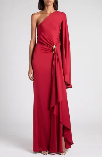 One-Shoulder Belt Detail Silk Satin Gown | Nordstrom