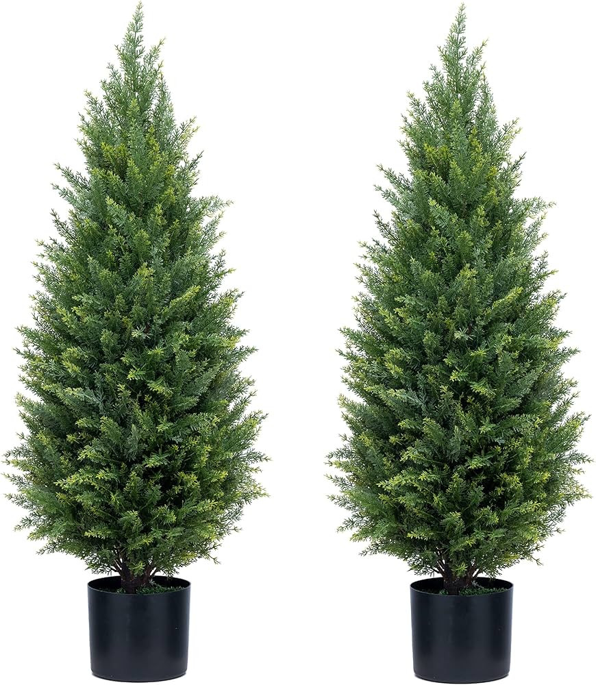 ECOLVANT Two 3ft (35'') Artificial Cedar Topiary Trees Indoor Outdoor UV Rated Potted Plants Arti... | Amazon (US)