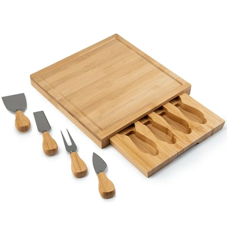 Movsou Bamboo Cheese Cutting Board Set with 4 Stainless Steel Knives Slide Out Drawer Charcuterie... | Walmart (US)