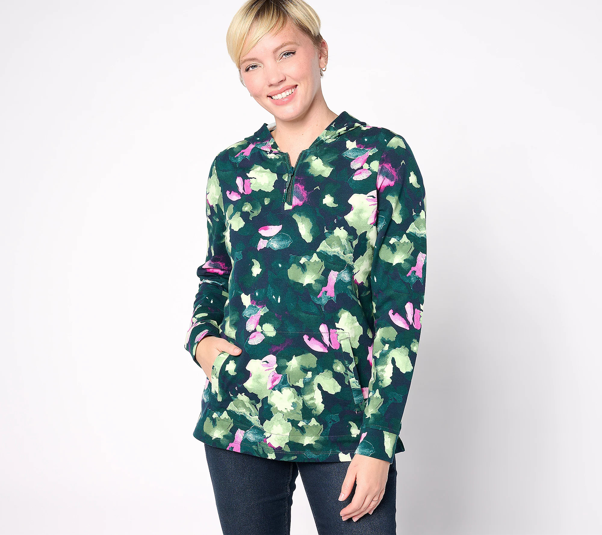 Denim & Co. Active French Terry Hooded QuarterZip Pullover | QVC