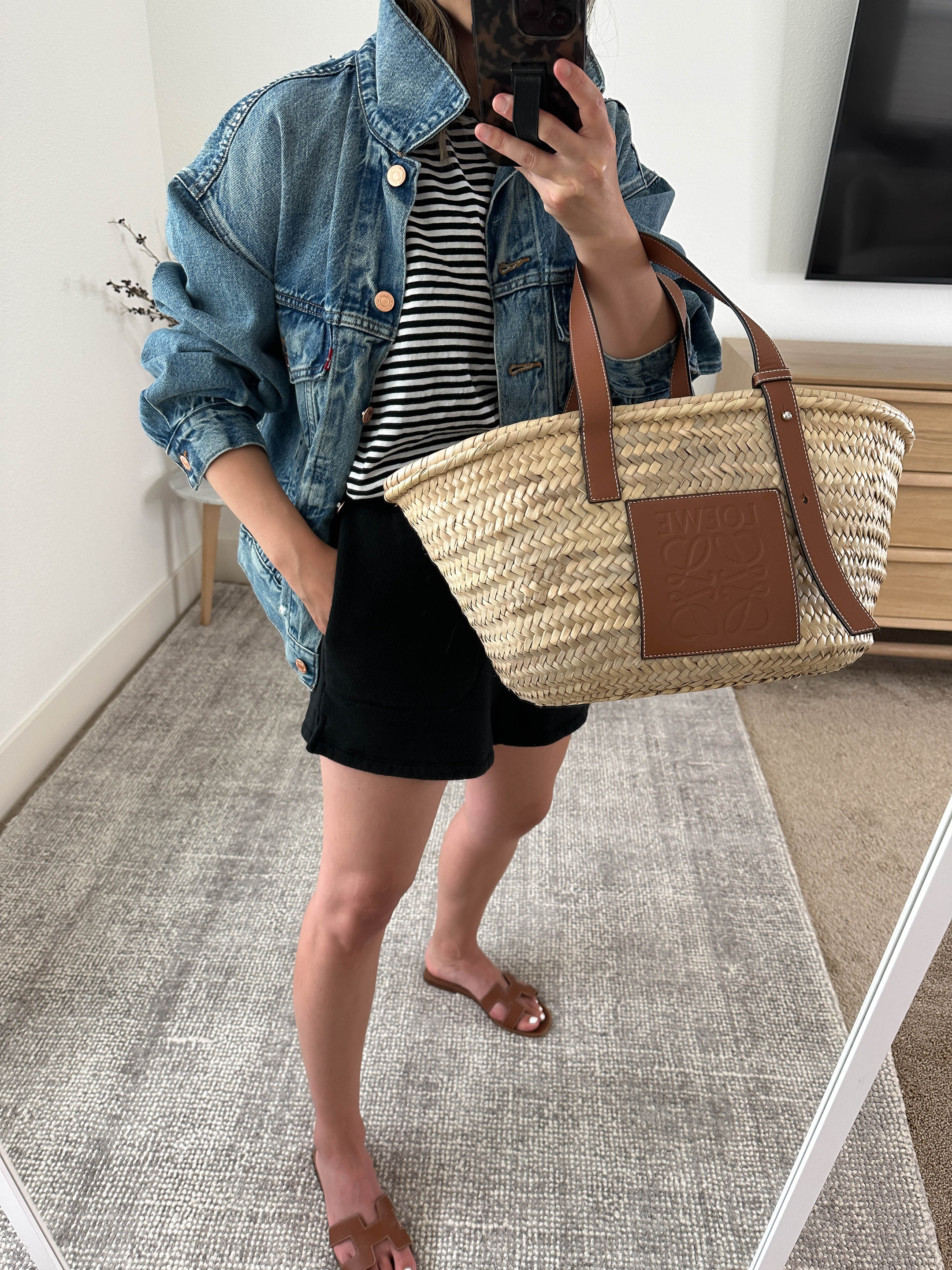 How to dress up sweat shorts. How to look elevated in leisure wear. Shorts are old Madewell, but linking similar. 

Levi's jacket xs. Runs oversized
Tee is old. Linked the Everlane one.
Madewell shorts xs
Hermes Oran sandals 35
Loewe tote medium

#LTKItBag #LTKPetite #LTKShoeCrush