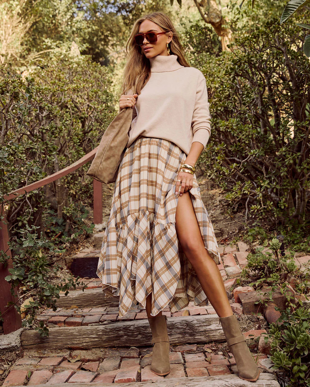 October Oaks Plaid Asymmetric Midi Skirt | VICI
