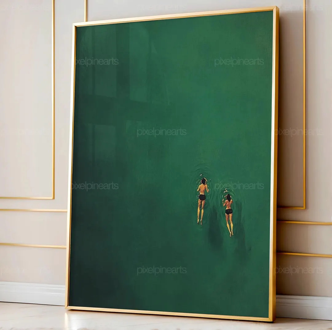 Swimming in Green Abstract Painting, Green Water Vintage Wall Art, Green Retro Holiday Art, Minim... | Etsy (Global)