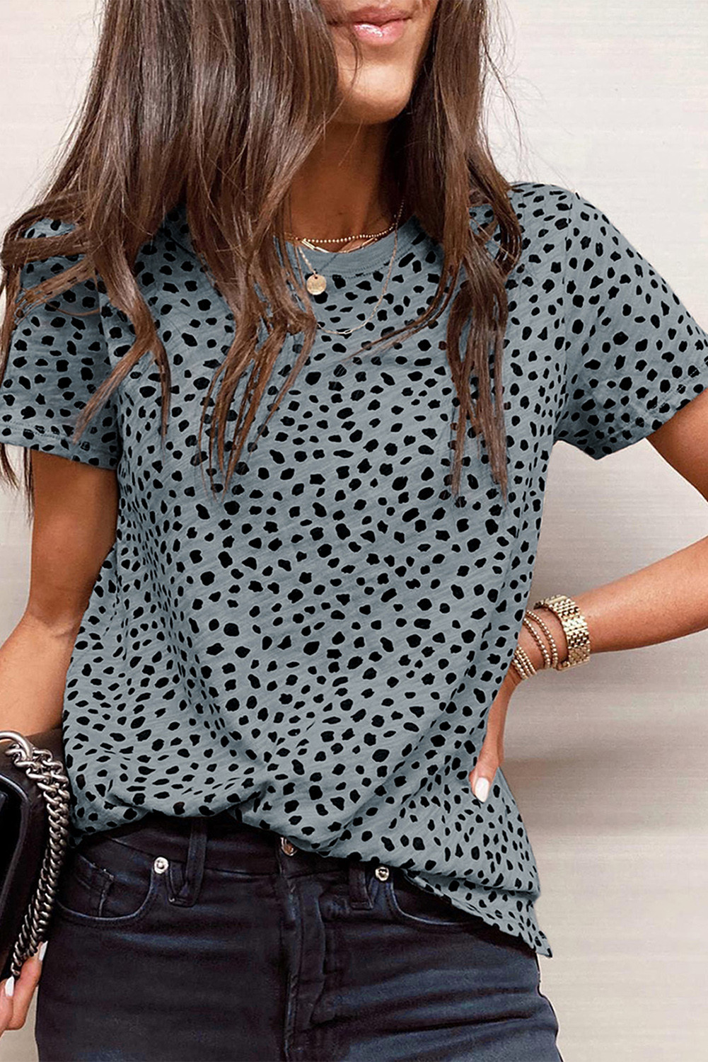 Grey Cheetah Print Casual Crew Neck T Shirt | Shewin