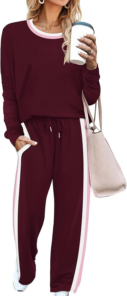 WIHOLL 2 Piece Lounge Sets for Women Long Sleeve Tops Wide Leg Sweatpants Sweatsuits with Pockets | Amazon (US)
