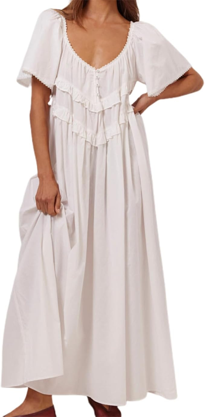Awoscut Women's Oversized Boho Maxi Dress Centre Front Buttons Open Scoop Back Long Dresses Elega... | Amazon (US)
