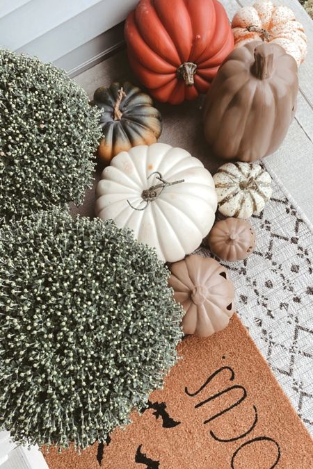SALE 🎃 fall porch with faux pumpkins, artificial pumpkins, cinderella pumpkin, heirloom pumpkin, michaels pumpkins, layered doormats, halloween doormat

#LTKSeasonal #LTKsalealert #LTKhome