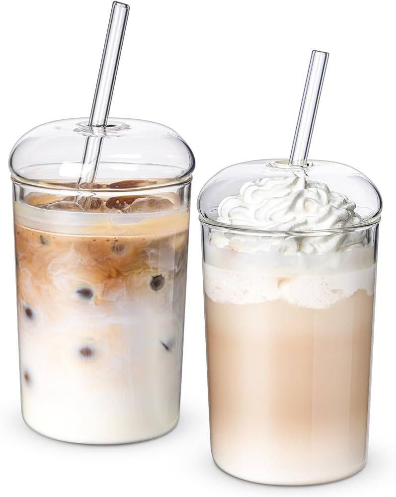 Combler Glass Cups with Lids and Straws, 16 oz Iced Coffee Cup with Dome Lids, Clear Glass Coffee... | Amazon (US)