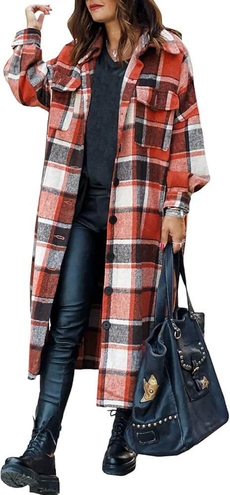 SKIKYAN Women Fall Flannel Plaid Shacket Jacket Oversized Button Down Long Shirt Jacket | Amazon (US)
