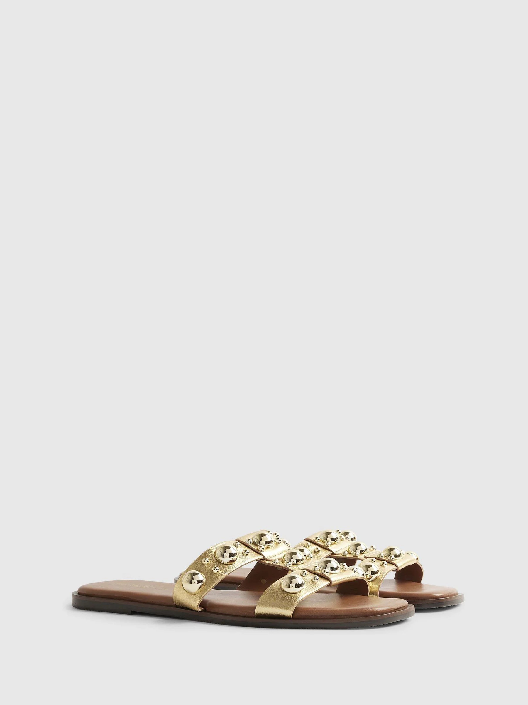 River Island River Island Gold Leather T Bar Studded Flat Sandals | Next US