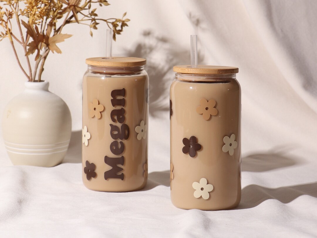 Retro Daisy Personalized 16oz Glass Tumbler/Cup With or without Name includes bamboo lid and straw C | Etsy (US)