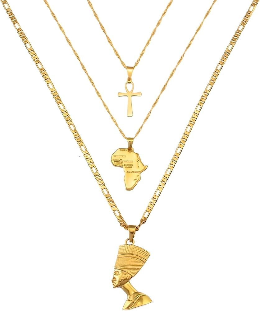 14k Yellow Gold Together Ankh Africa Map Nefertiti Necklace For Women - 925 Sterling Silver Set 3... | Amazon (US)