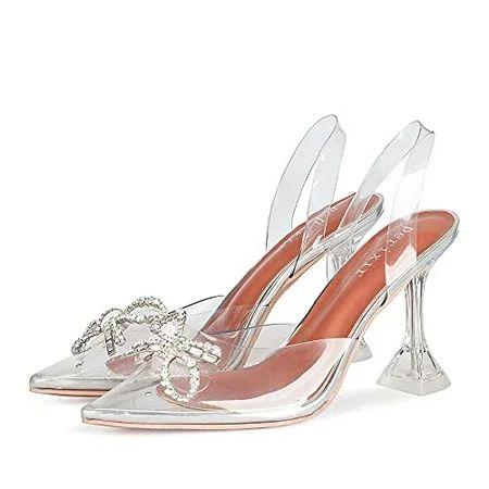 Perixir Women Summer Bow Crystal Heels Slingbacks Party Sandals TPU Pointed Toe Rhinestones Transparent Mules Wedding Shoes US6.5 | Walmart (US)