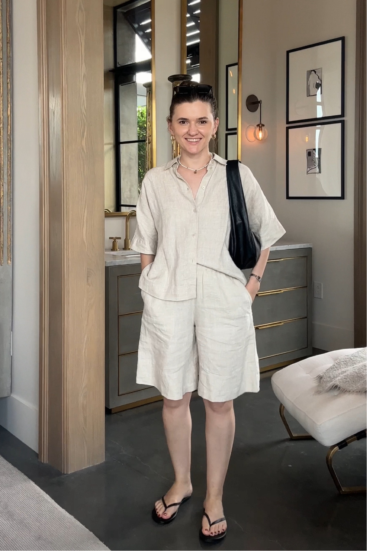 Linen set: linen shorts / linen shirt 
Black flip flops 
Black bag

#LTKSeasonal