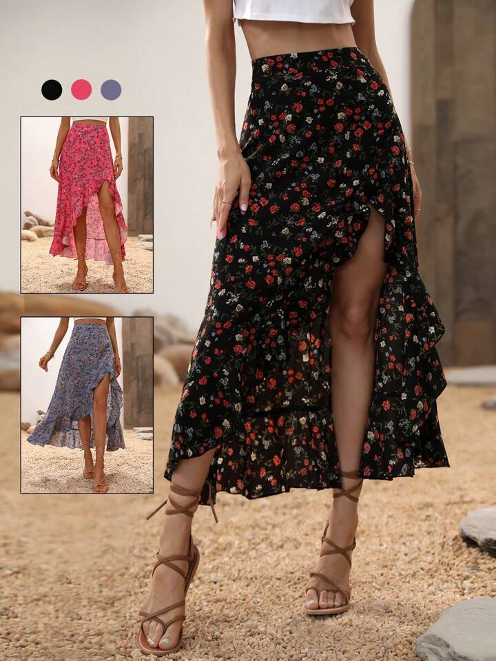 SHEIN VCAY Ditsy Floral Print Ruffle Trim Asymmetrical Hem Skirt | SHEIN