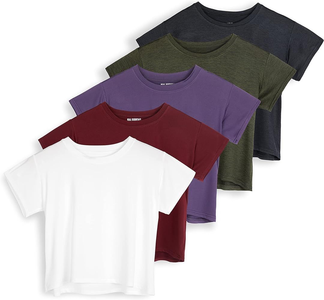 Real Essentials 5 Pack: Women's Dry Fit Crop Top - Short Sleeve Crew Neck Stretch Athletic Tee (A... | Amazon (US)