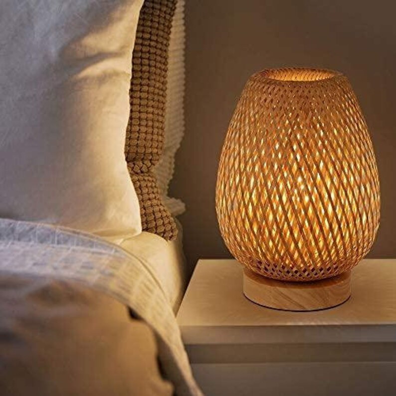 Bamboo Weaving Table Lamp with Handmade Natural Wooden Base, Eye-Caring Bedroom Bedside Night Lig... | Etsy (US)