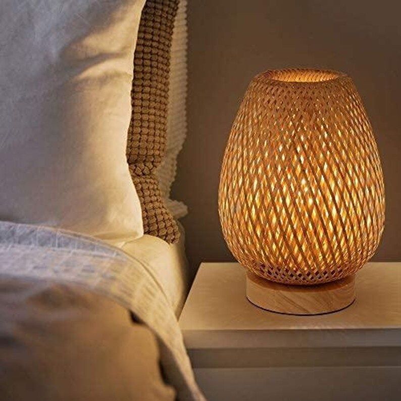 Bamboo Weaving Table Lamp with Handmade Natural Wooden Base, Eye-Caring Bedroom Bedside Night Lig... | Etsy (US)