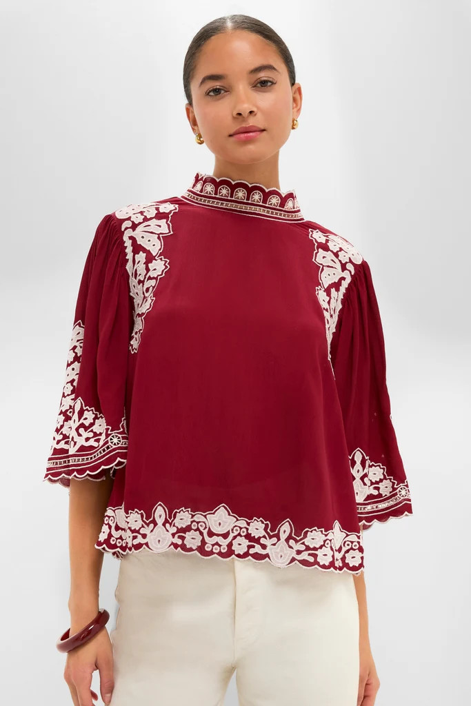Burgundy Bicolor Palm Tree Embroidery Blouse | Tuckernuck (US)