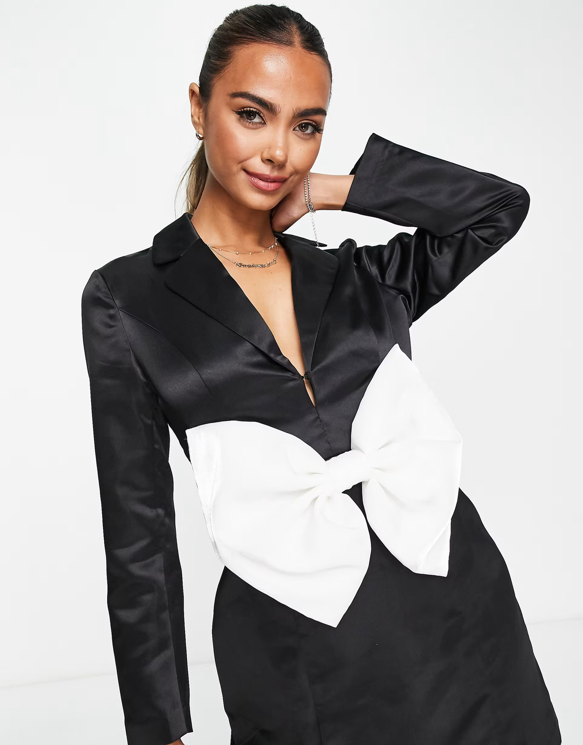 Band Of Stars premium contrast organza bow satin mini dress in white and black | ASOS (Global)